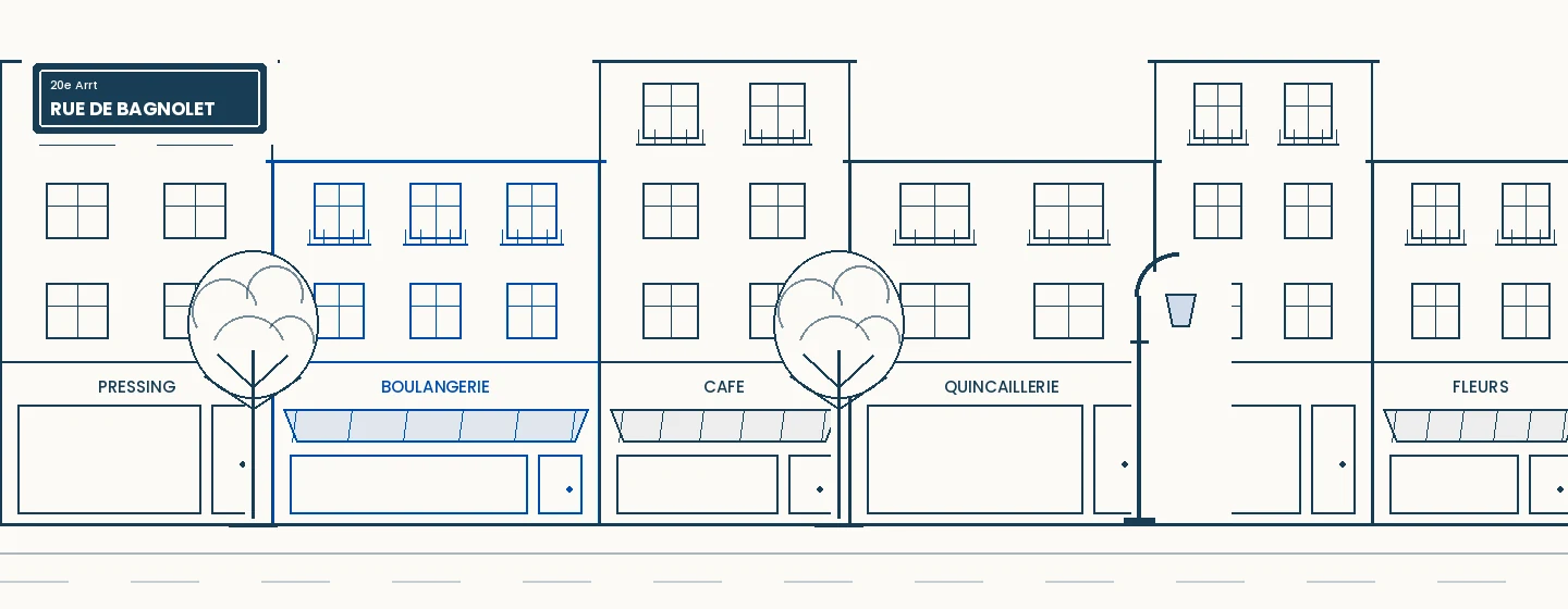 Dessin au trait d'une rue parisienne ordinaire, avec ses commerces de rez-de-chaussée : pressing, boulangerie, café, quincaillerie, fleuriste.